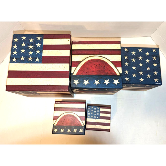 Warren Kimble COLONIAL FLAG Nesting Stacked Boxes Set of 5 Amcal - Picture 3 of 9